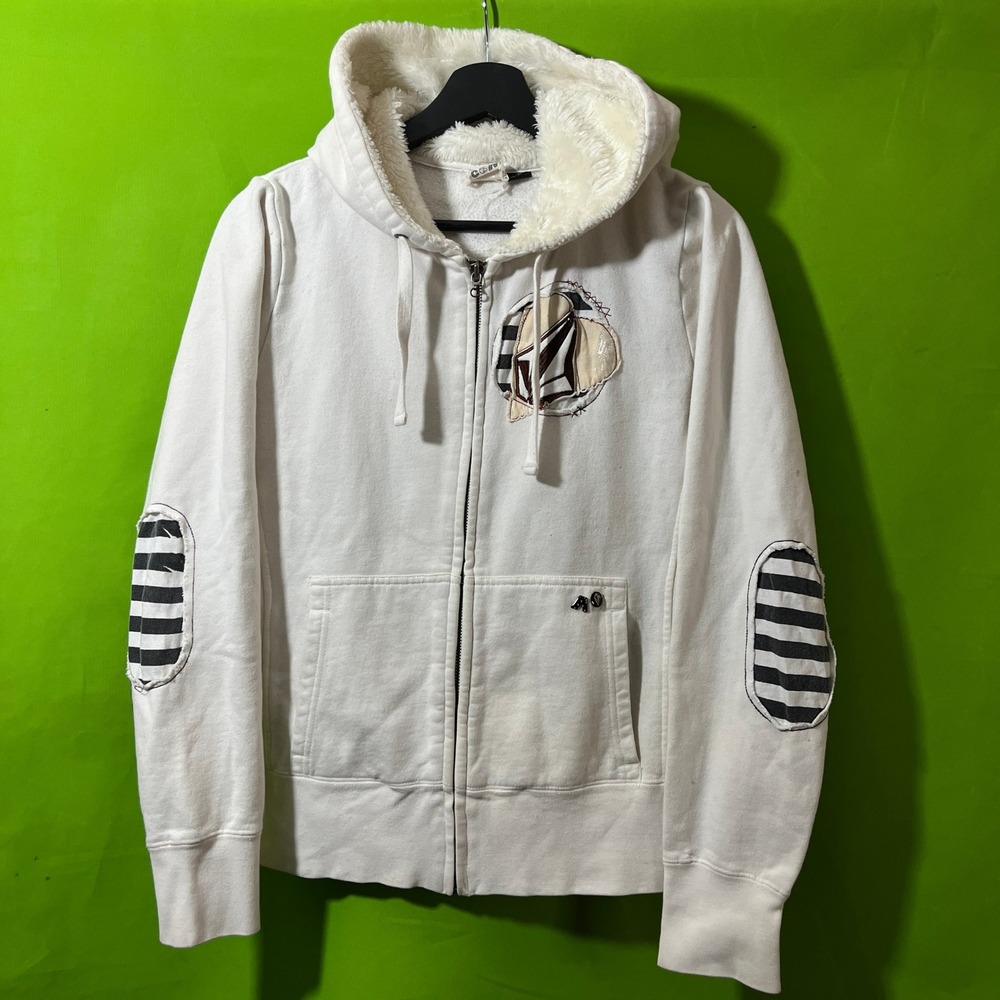 Volcom Womens White Zip Up Hoodie Sherpa‎ Lined Hood Striped Elbow Patches Large